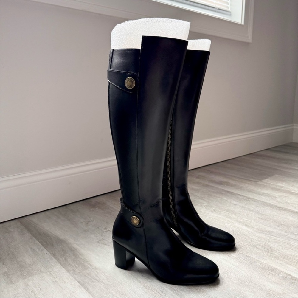 Women's Black Leather Knee-High Heeled Boots - Picture 3 of 9